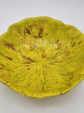 Vintage Leaf Art Pottery Console Bowl With Speckled Design & Signature